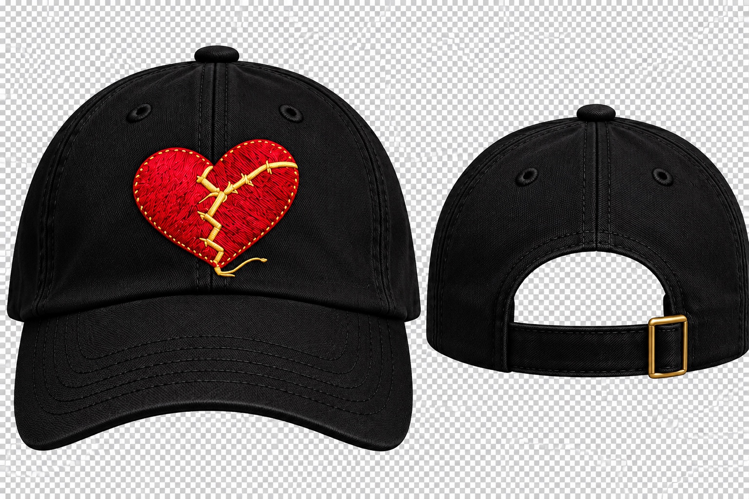 Signature black cap with red mended heart