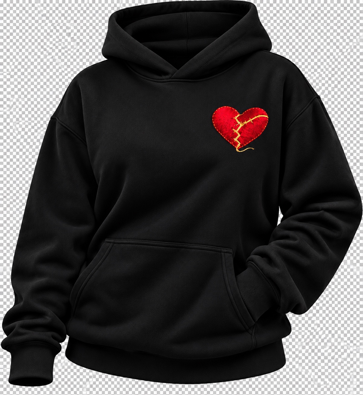 Black hoodie with the signature red heart repaired with gold stitching