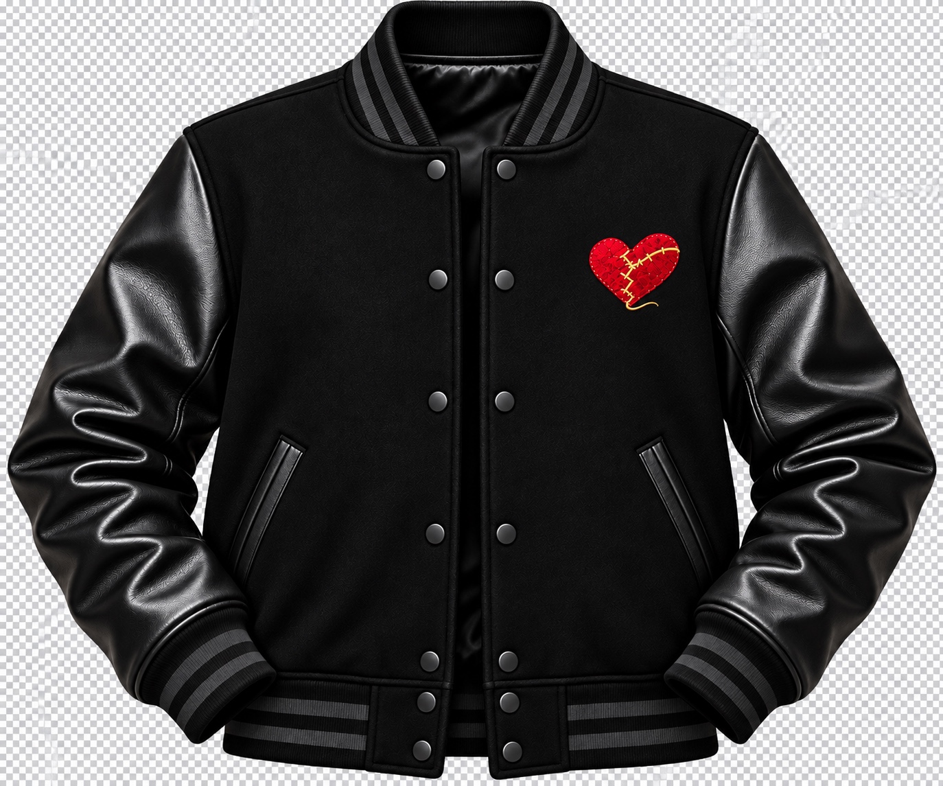 Limited edition black varsity jacket with leather-look sleeves and embroidered mended red heart